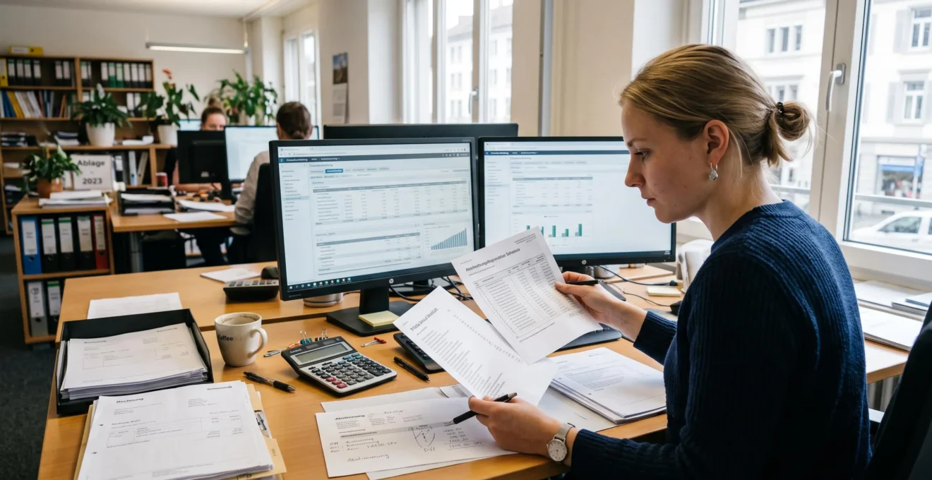 Eine Buchhalterin prüft in einem Schweizer Büro eine gedruckte Abschreibungsliste und vergleicht die Werte mit den Daten auf ihrem Bildschirm.