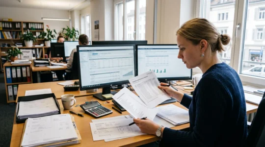 Eine Buchhalterin prüft in einem Schweizer Büro eine gedruckte Abschreibungsliste und vergleicht die Werte mit den Daten auf ihrem Bildschirm.