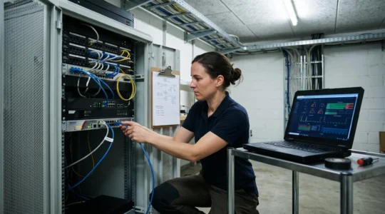 Ein Netzwerkadministrator verbindet in einem Serverraum ein Ethernetkabel mit einer Firewall im Rack, während auf einem Laptop ein Monitoring-Dashboard offen ist.