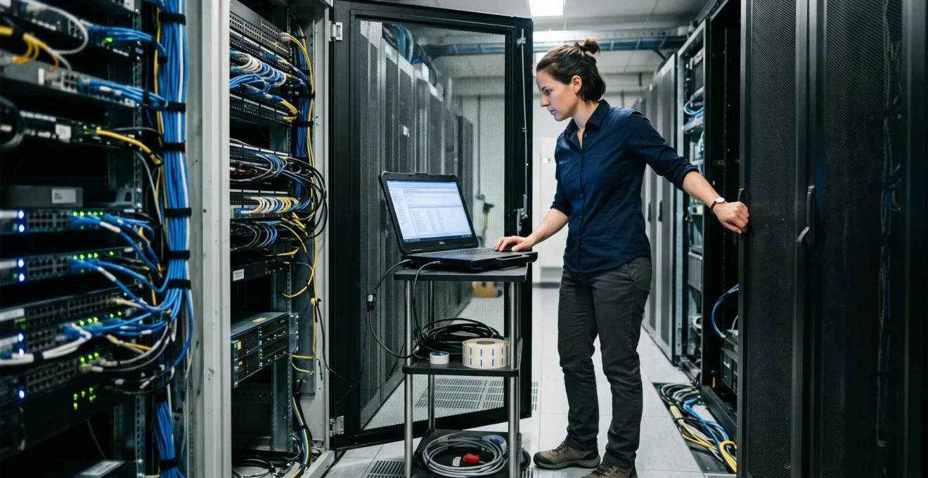 Ein IT-Administrator konfiguriert an einem geöffneten Serverschrank in einem Unternehmensrechenzentrum die Zugriffskontrollen über ein angeschlossenes Notebook.