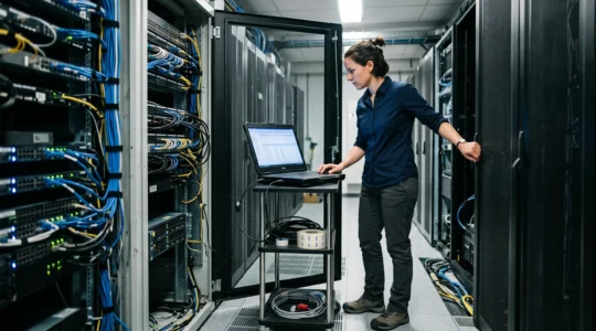 Ein IT-Administrator konfiguriert an einem geöffneten Serverschrank in einem Unternehmensrechenzentrum die Zugriffskontrollen über ein angeschlossenes Notebook.