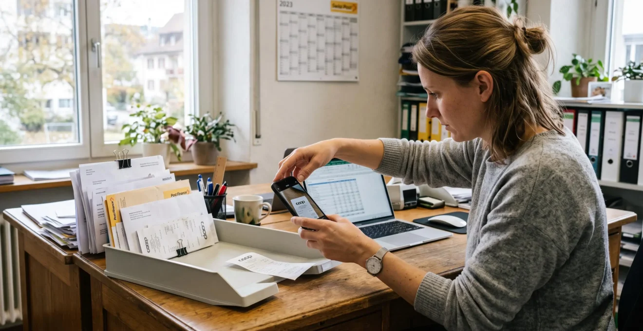 Ein Mitarbeiter in einem Schweizer Büro fotografiert mit dem Smartphone einen Papierbeleg, der neben einem Laptop und weiteren Rechnungen auf dem Schreibtisch liegt.