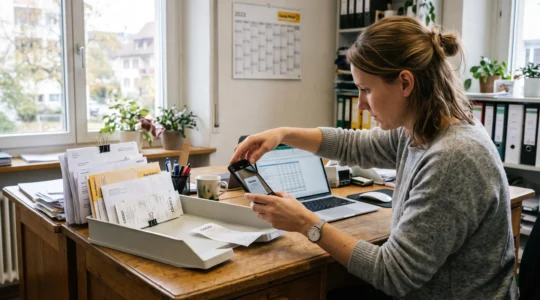 Ein Mitarbeiter in einem Schweizer Büro fotografiert mit dem Smartphone einen Papierbeleg, der neben einem Laptop und weiteren Rechnungen auf dem Schreibtisch liegt.