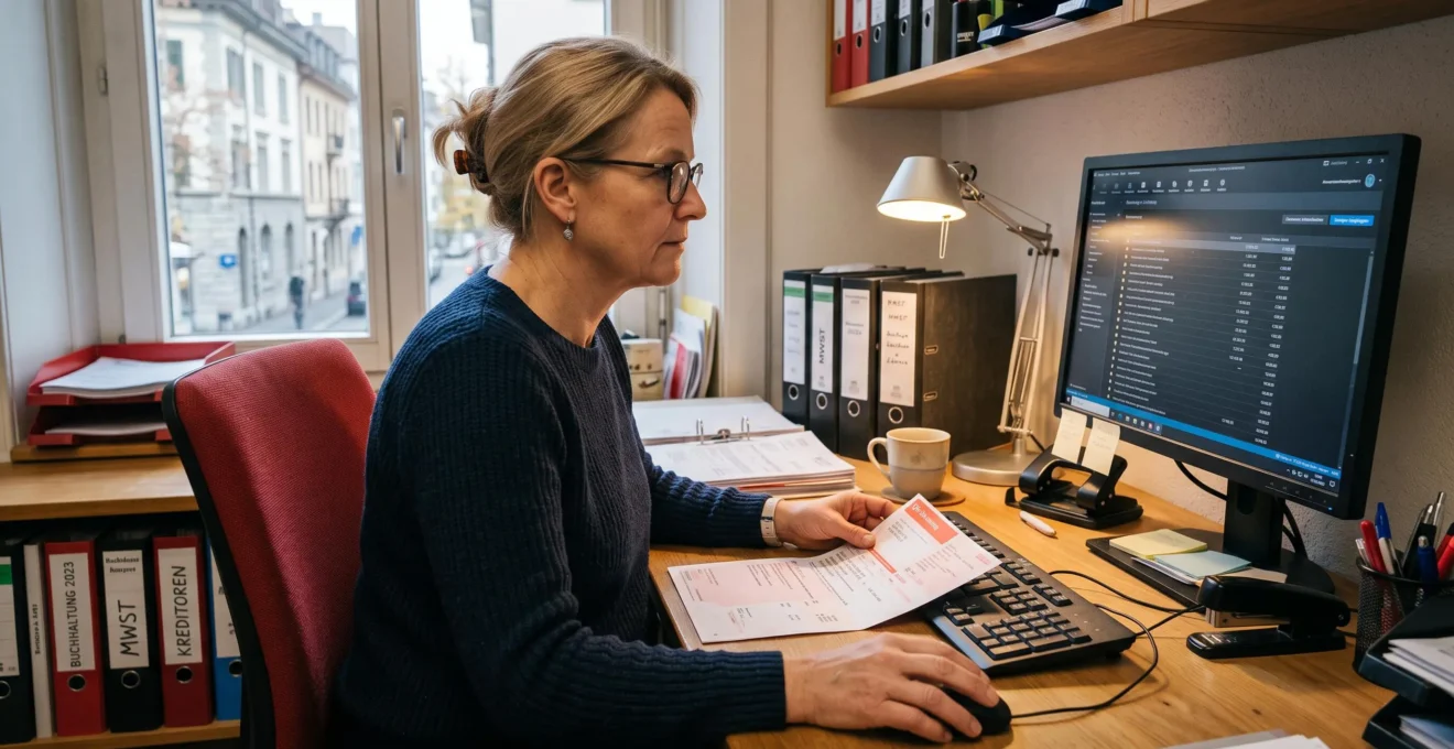 Buchhalterin vergleicht offene Rechnungen am Bildschirm mit ausgedruckten QR-Rechnungen auf ihrem Schreibtisch in einem Schweizer Kleinunternehmen.