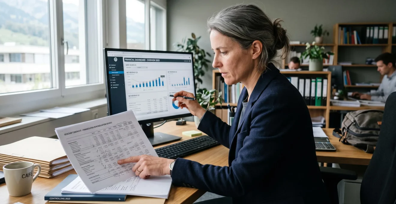 Eine Controllerin gleicht gedruckte Finanzberichte mit Zahlen auf dem Bildschirm einer Business-Software in ihrem Büro ab.
