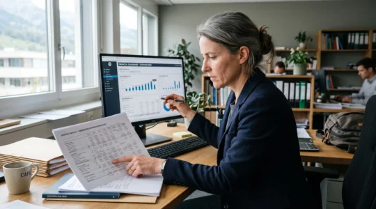 Eine Controllerin gleicht gedruckte Finanzberichte mit Zahlen auf dem Bildschirm einer Business-Software in ihrem Büro ab.