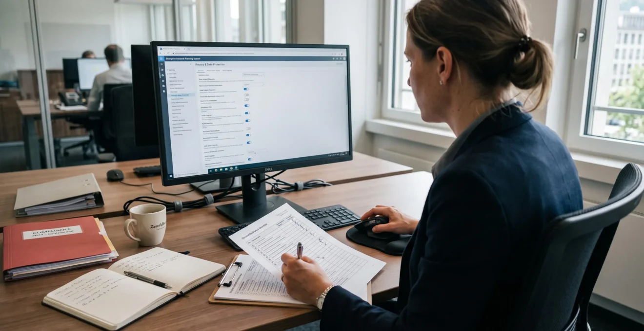 Eine Mitarbeiterin prüft am Schreibtisch die Datenschutzeinstellungen einer Unternehmenssoftware und vergleicht den Bildschirm mit einer Checkliste.