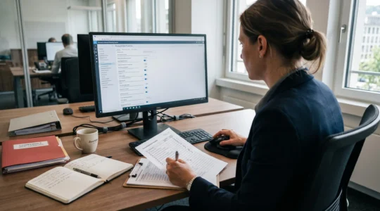 Eine Mitarbeiterin prüft am Schreibtisch die Datenschutzeinstellungen einer Unternehmenssoftware und vergleicht den Bildschirm mit einer Checkliste.