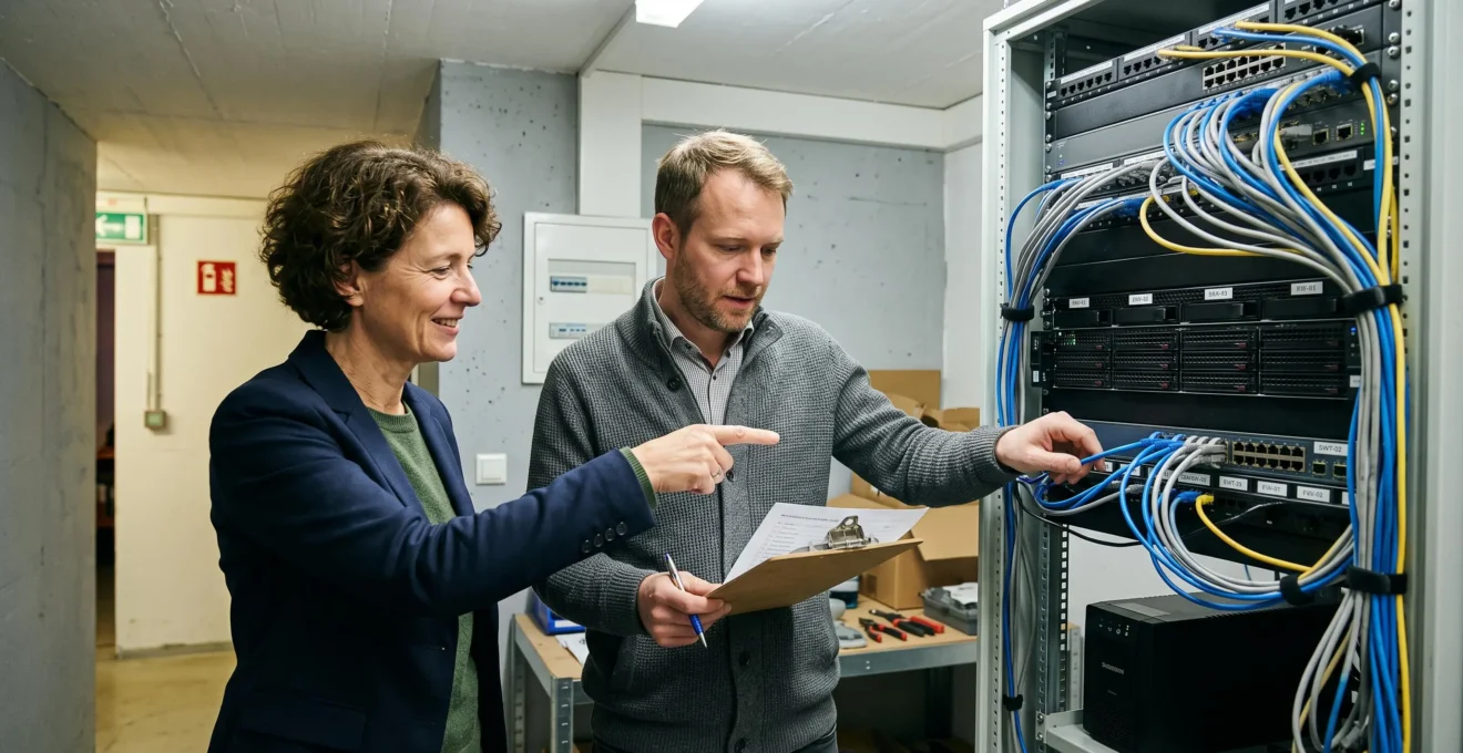 Ein Geschäftsinhaber und ein IT-Berater prüfen zusammen einen Serverschrank mit verkabelten Servern in einem Firmenserverraum.