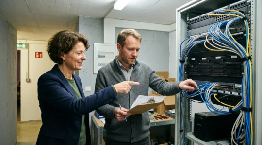 Ein Geschäftsinhaber und ein IT-Berater prüfen zusammen einen Serverschrank mit verkabelten Servern in einem Firmenserverraum.