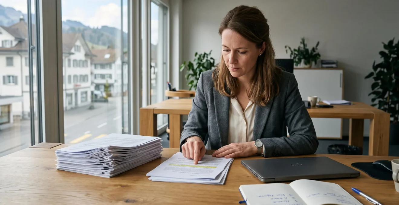 Eine Geschäftsführerin sortiert gedruckte Berichte an einem Bürotisch und behält nur wenige Seiten mit Kennzahlen vor sich.