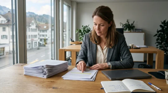 Eine Geschäftsführerin sortiert gedruckte Berichte an einem Bürotisch und behält nur wenige Seiten mit Kennzahlen vor sich.