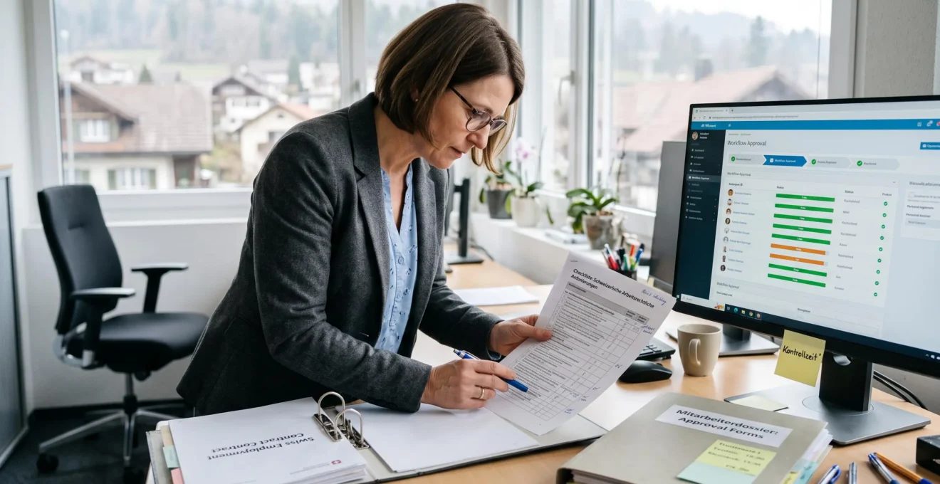 Eine HR-Verantwortliche prüft am Schreibtisch eine Checkliste gesetzlicher Vorgaben und vergleicht sie mit einem digitalen HR-Workflow auf dem Bildschirm.