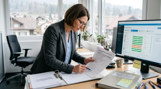 Eine HR-Verantwortliche prüft am Schreibtisch eine Checkliste gesetzlicher Vorgaben und vergleicht sie mit einem digitalen HR-Workflow auf dem Bildschirm.