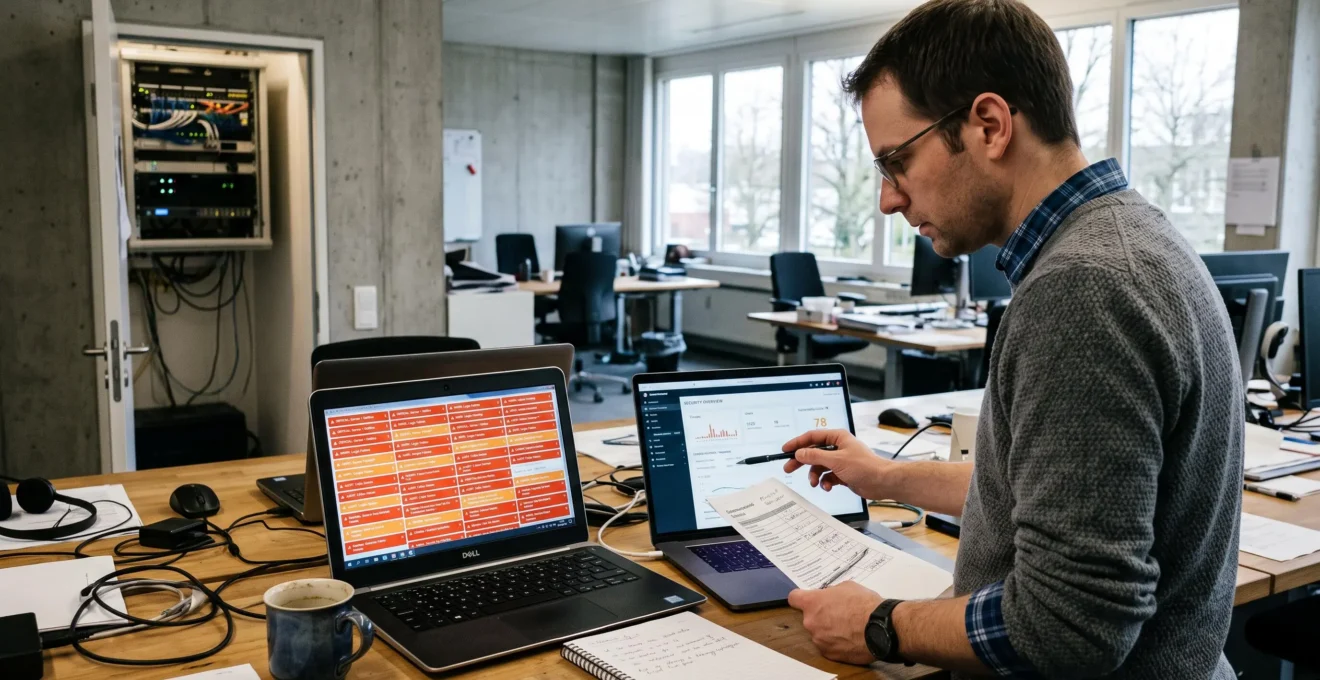 IT-Verantwortlicher vergleicht an zwei Laptops die Warnmeldungen verschiedener Sicherheitslösungen und prüft mit einer Checkliste, welche Tools im Unternehmen wirklich benötigt werden.