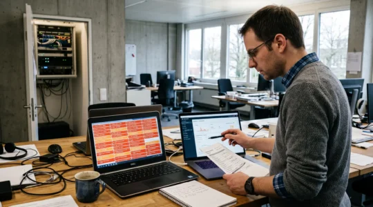 IT-Verantwortlicher vergleicht an zwei Laptops die Warnmeldungen verschiedener Sicherheitslösungen und prüft mit einer Checkliste, welche Tools im Unternehmen wirklich benötigt werden.