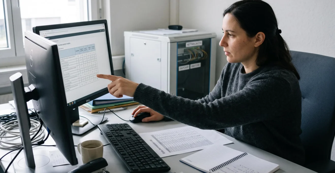 Ein IT-Verantwortlicher prüft am Arbeitsplatz die Zugriffsrechte einer Unternehmenssoftware und gleicht sie mit einer ausgedruckten Rollenliste ab.