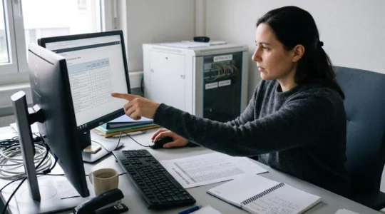 Ein IT-Verantwortlicher prüft am Arbeitsplatz die Zugriffsrechte einer Unternehmenssoftware und gleicht sie mit einer ausgedruckten Rollenliste ab.