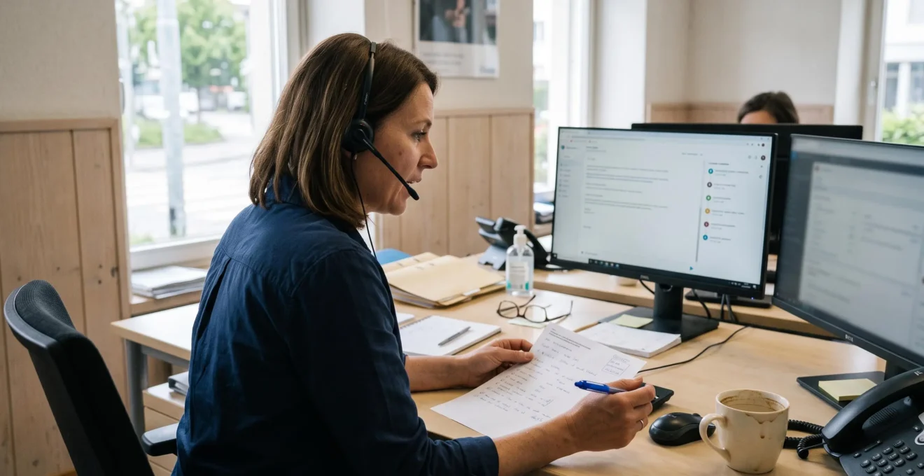 Eine Kundendienst-Mitarbeiterin führt in einem Schweizer KMU-Büro ein Telefongespräch und schaut dabei auf die Interaktionshistorie eines Kunden auf ihrem zweiten Bildschirm.
