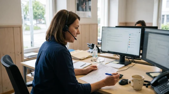 Eine Kundendienst-Mitarbeiterin führt in einem Schweizer KMU-Büro ein Telefongespräch und schaut dabei auf die Interaktionshistorie eines Kunden auf ihrem zweiten Bildschirm.
