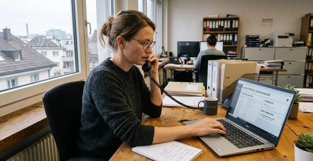 Eine Mitarbeiterin in einem Schweizer KMU-Büro telefoniert mit einem Kunden und notiert am Laptop den Kontaktverlauf mit offenen Aufgaben.