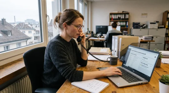 Eine Mitarbeiterin in einem Schweizer KMU-Büro telefoniert mit einem Kunden und notiert am Laptop den Kontaktverlauf mit offenen Aufgaben.