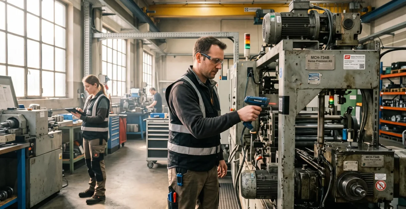 Ein Techniker scannt einen QR-Code an einer Produktionsmaschine in einer Schweizer Fabrikhalle, während eine Kollegin die Anlagendaten auf einem Tablet prüft.
