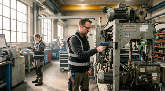 Ein Techniker scannt einen QR-Code an einer Produktionsmaschine in einer Schweizer Fabrikhalle, während eine Kollegin die Anlagendaten auf einem Tablet prüft.