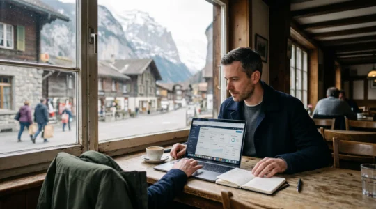 Eine Mitarbeiterin arbeitet in einem Café am Laptop mit geöffnetem Browserzugriff auf die zentrale Unternehmenssoftware, im Hintergrund ein Schweizer Dorf.
