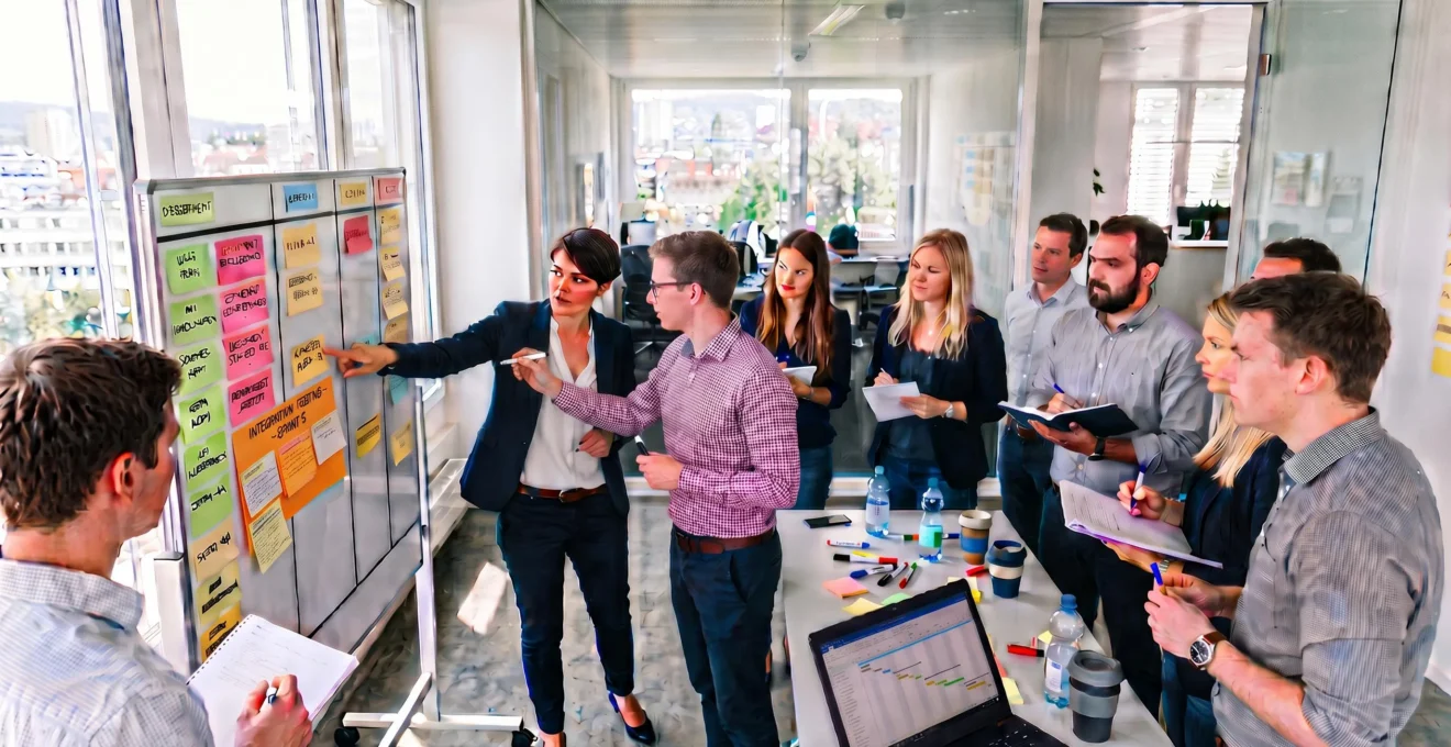 Ein Projektteam versammelt sich in einem Schweizer Büro um eine große Aufgabenwand, während eine Person eine Aufgabe einem Teammitglied zuweist.