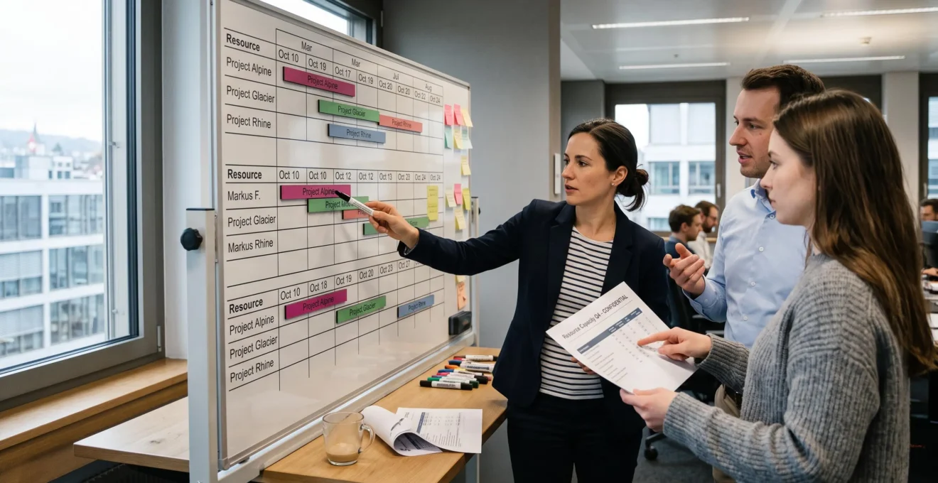 Ein Projektteam steht vor einer Planungstafel mit mehreren parallelen Projekttimelines und bespricht überlappende Auslastungsbalken derselben Person.