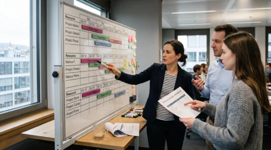 Ein Projektteam steht vor einer Planungstafel mit mehreren parallelen Projekttimelines und bespricht überlappende Auslastungsbalken derselben Person.