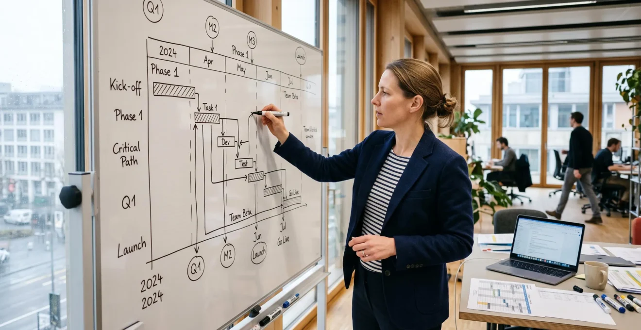 Eine Projektleiterin zeichnet an einem Whiteboard einen Projektzeitplan mit verbundenen Aufgabenbalken und Meilensteinen.