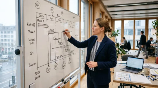 Eine Projektleiterin zeichnet an einem Whiteboard einen Projektzeitplan mit verbundenen Aufgabenbalken und Meilensteinen.