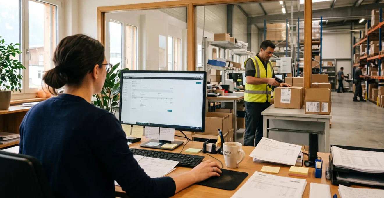 Eine Mitarbeiterin bestätigt im Büro einen Kundenauftrag am Bildschirm, während im Hintergrund ein Lagermitarbeiter einen Lieferschein einscannt.