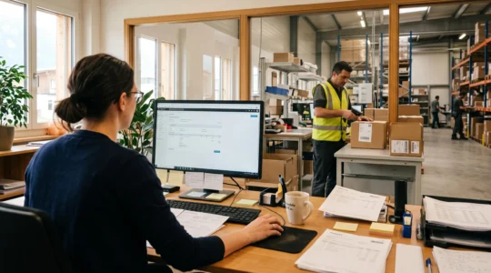 Eine Mitarbeiterin bestätigt im Büro einen Kundenauftrag am Bildschirm, während im Hintergrund ein Lagermitarbeiter einen Lieferschein einscannt.
