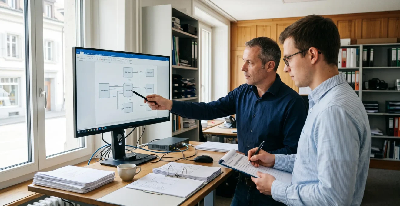 Ein IT-Dienstleiter und eine Mitarbeitende prüfen gemeinsam am Monitor den Datenfluss zwischen ERP-System und externer Anwendung in einem Schweizer KMU-Büro.