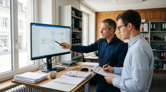 Ein IT-Dienstleiter und eine Mitarbeitende prüfen gemeinsam am Monitor den Datenfluss zwischen ERP-System und externer Anwendung in einem Schweizer KMU-Büro.
