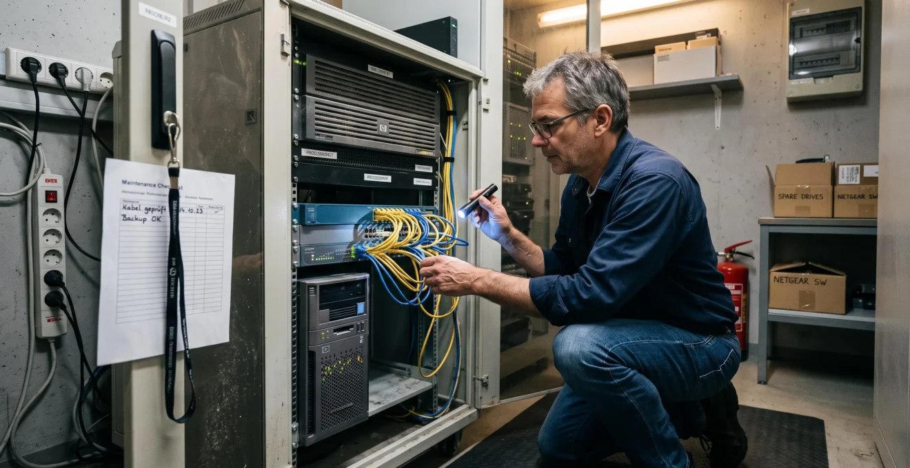 Ein IT-Verantwortlicher prüft in einem kleinen Serverraum eines Schweizer Unternehmens die Kabelverbindungen eines älteren Servers mit Taschenlampe und Checkliste.