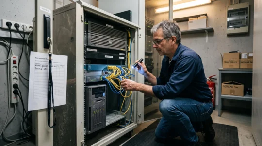 Ein IT-Verantwortlicher prüft in einem kleinen Serverraum eines Schweizer Unternehmens die Kabelverbindungen eines älteren Servers mit Taschenlampe und Checkliste.