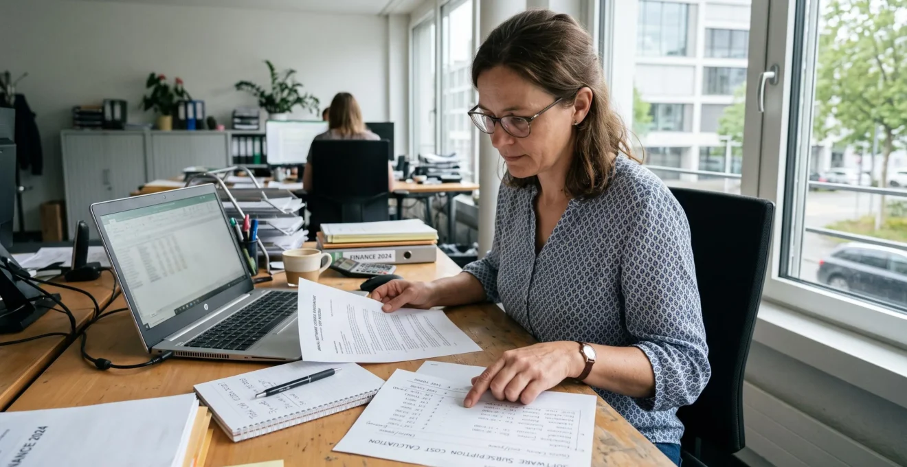 Eine Office-Verwalterin in einem Schweizer KMU vergleicht am Schreibtisch einen Softwarevertrag mit einer handschriftlichen Kostenrechnung.