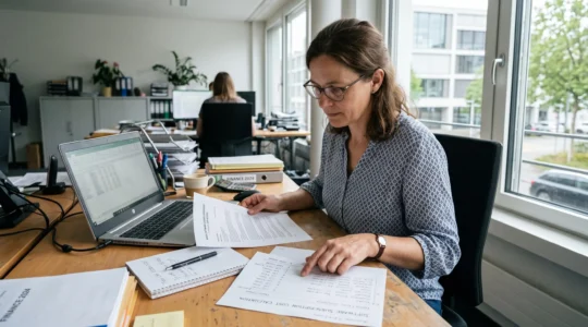 Eine Office-Verwalterin in einem Schweizer KMU vergleicht am Schreibtisch einen Softwarevertrag mit einer handschriftlichen Kostenrechnung.