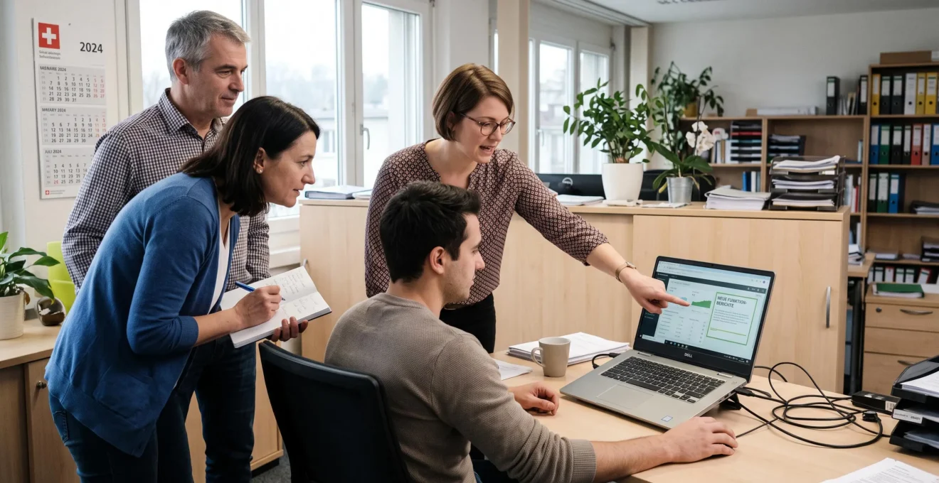 Eine Mitarbeiterin erklärt Kollegen am Arbeitsplatz eine neue Softwarefunktion auf einem Laptop.