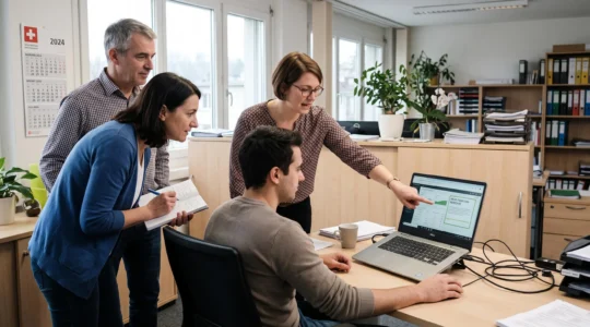 Eine Mitarbeiterin erklärt Kollegen am Arbeitsplatz eine neue Softwarefunktion auf einem Laptop.