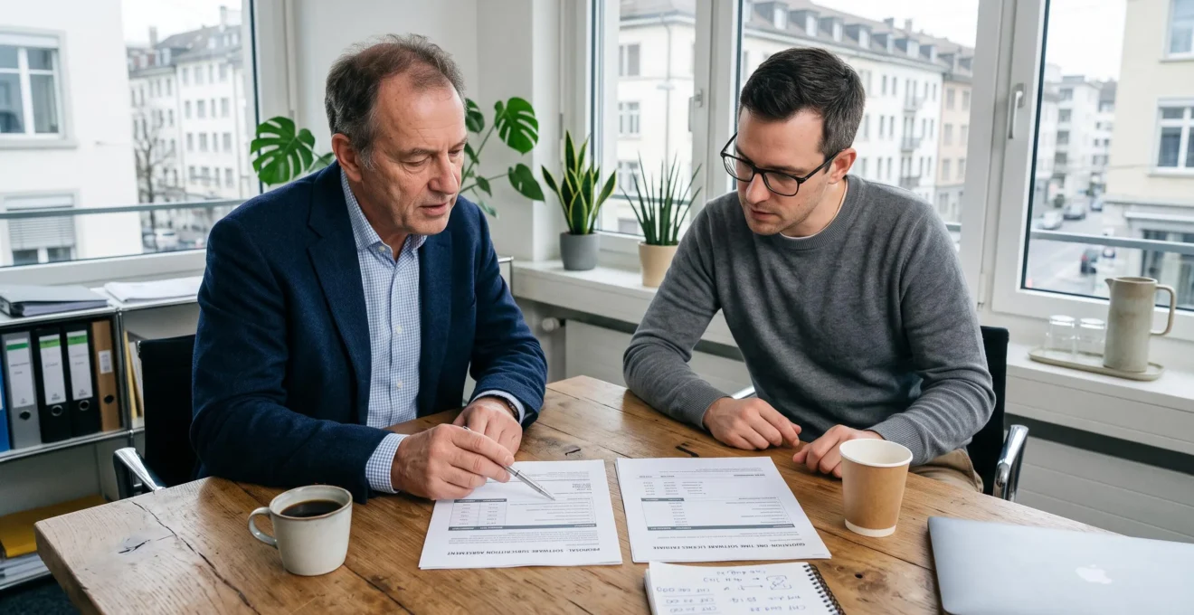 Ein Schweizer Unternehmensleiter und ein IT-Berater vergleichen am Schreibtisch Vertrags- und Kostendokumente zu Software-Angeboten.
