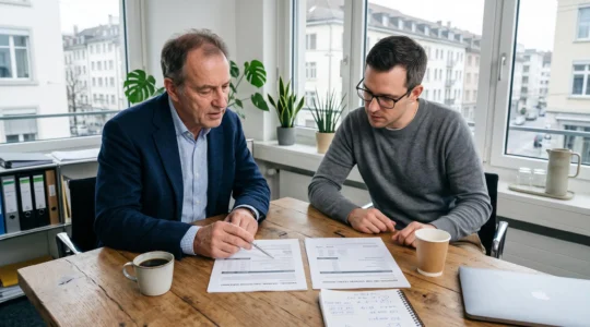 Ein Schweizer Unternehmensleiter und ein IT-Berater vergleichen am Schreibtisch Vertrags- und Kostendokumente zu Software-Angeboten.