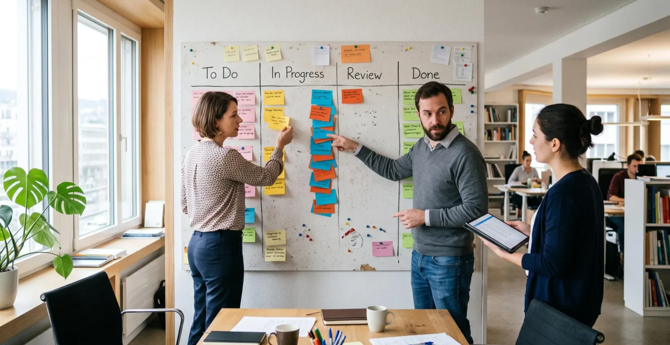 Drei Kollegen stehen in einem Schweizer KMU-Büro vor einer Kanban-Wand und besprechen gestapelte Aufgabenkarten in einer Spalte, während eine Frau eine Karte weiterzieht.