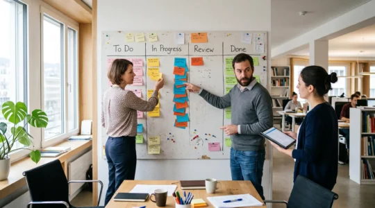 Drei Kollegen stehen in einem Schweizer KMU-Büro vor einer Kanban-Wand und besprechen gestapelte Aufgabenkarten in einer Spalte, während eine Frau eine Karte weiterzieht.