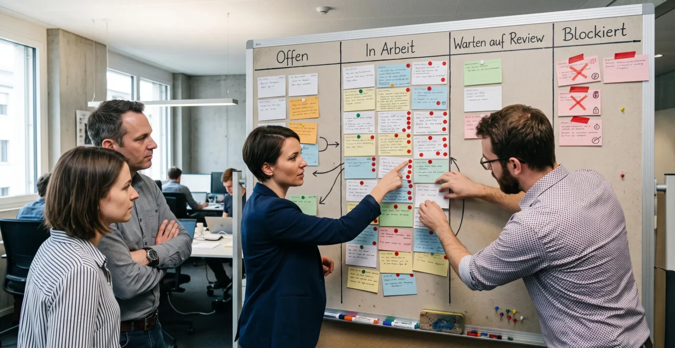 Vier Teammitglieder stehen vor einem grossen Kanban-Board mit Papierkarten und besprechen eine vollen Spalte im Schweizer Büro.