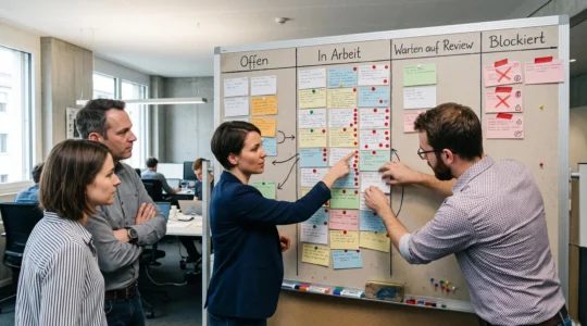 Vier Teammitglieder stehen vor einem grossen Kanban-Board mit Papierkarten und besprechen eine vollen Spalte im Schweizer Büro.